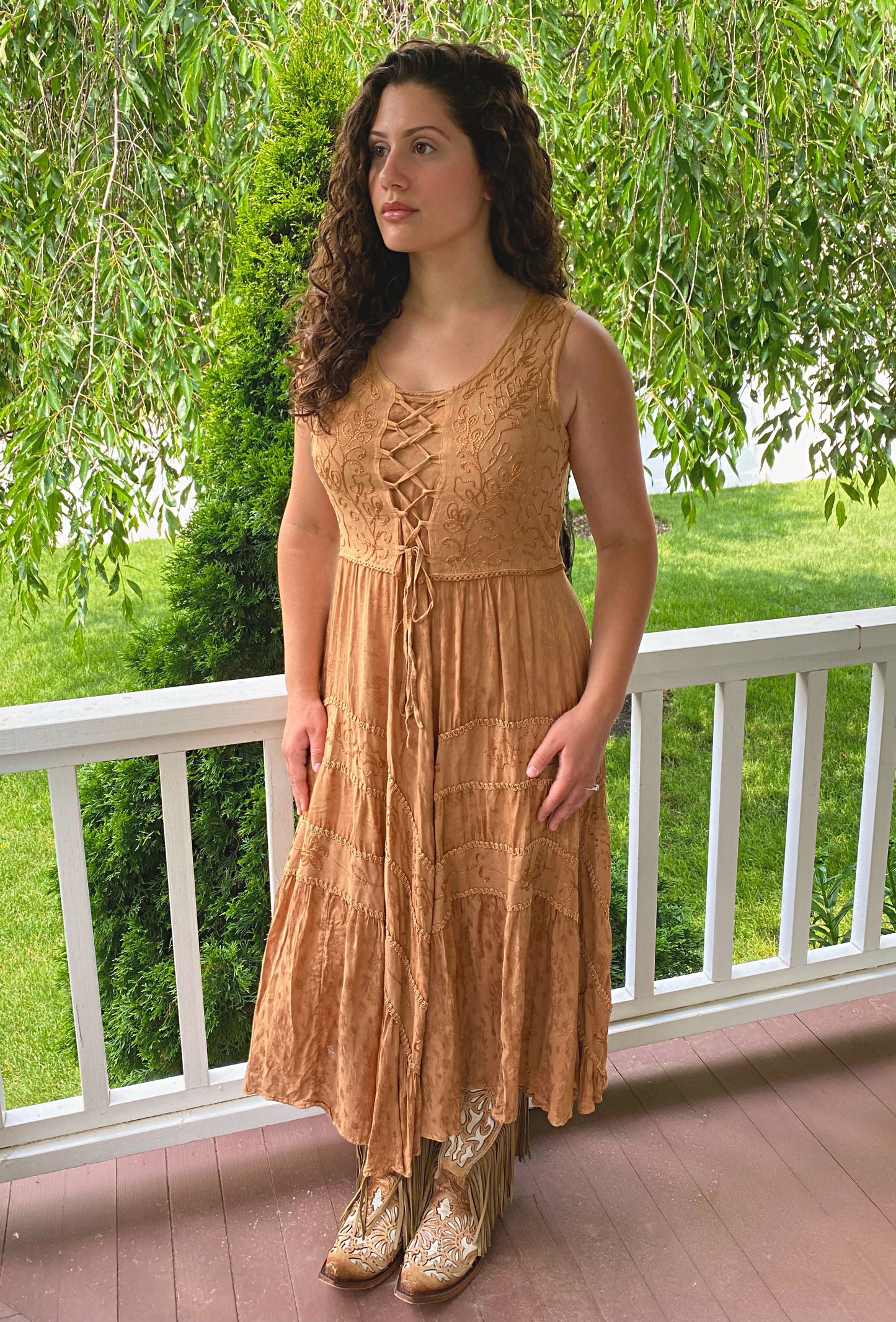 Lace Up Western Dress Beige HC118