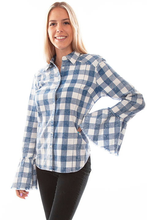 Blue Plaid Bell Sleeve Button Down HC753