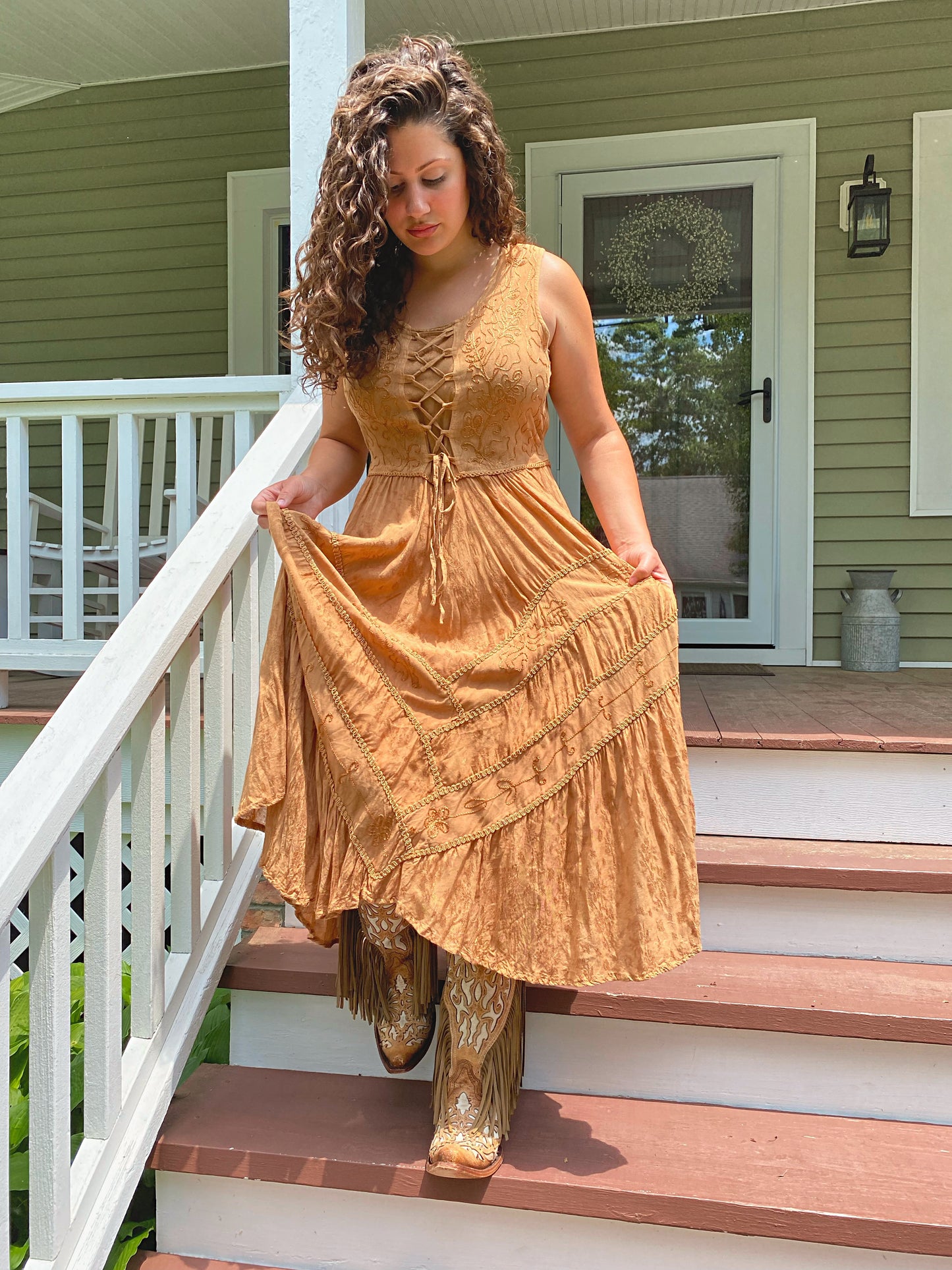 Lace Up Western Dress Beige HC118