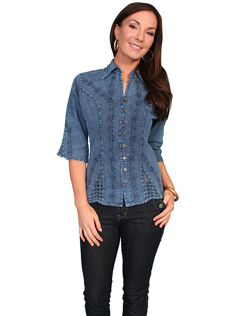 3/4 Embroidered Button Down Blue PSL-064